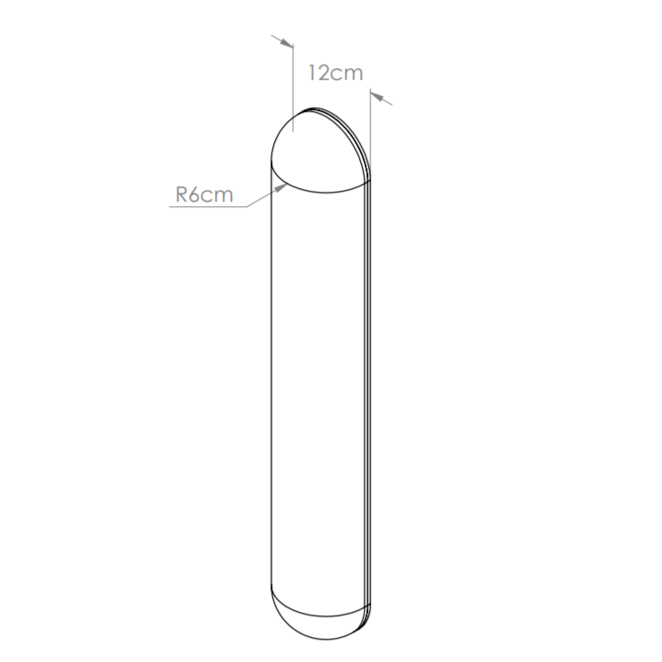 Desenho técnico da arandela moderna Bella Itália para parede, com dimensões de 50cm de altura, 12cm de largura e 6cm de profundidade.